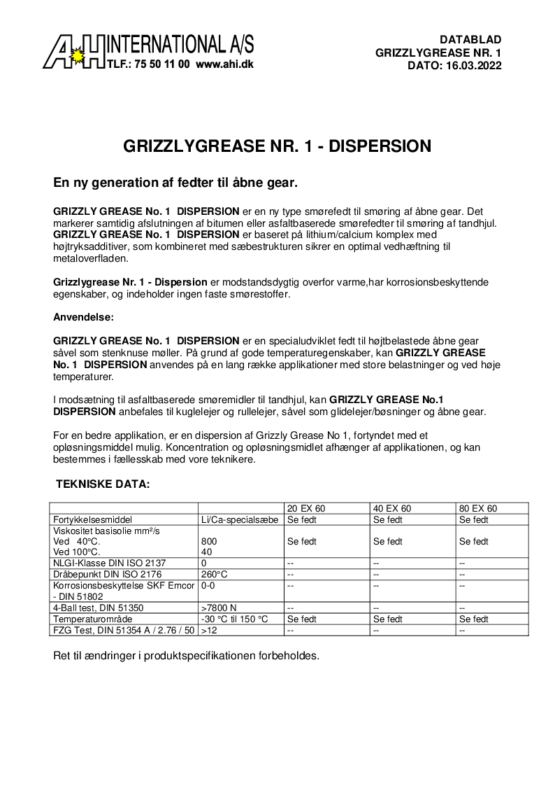

GRIZZLY GREASE No. 1  Dispersions


