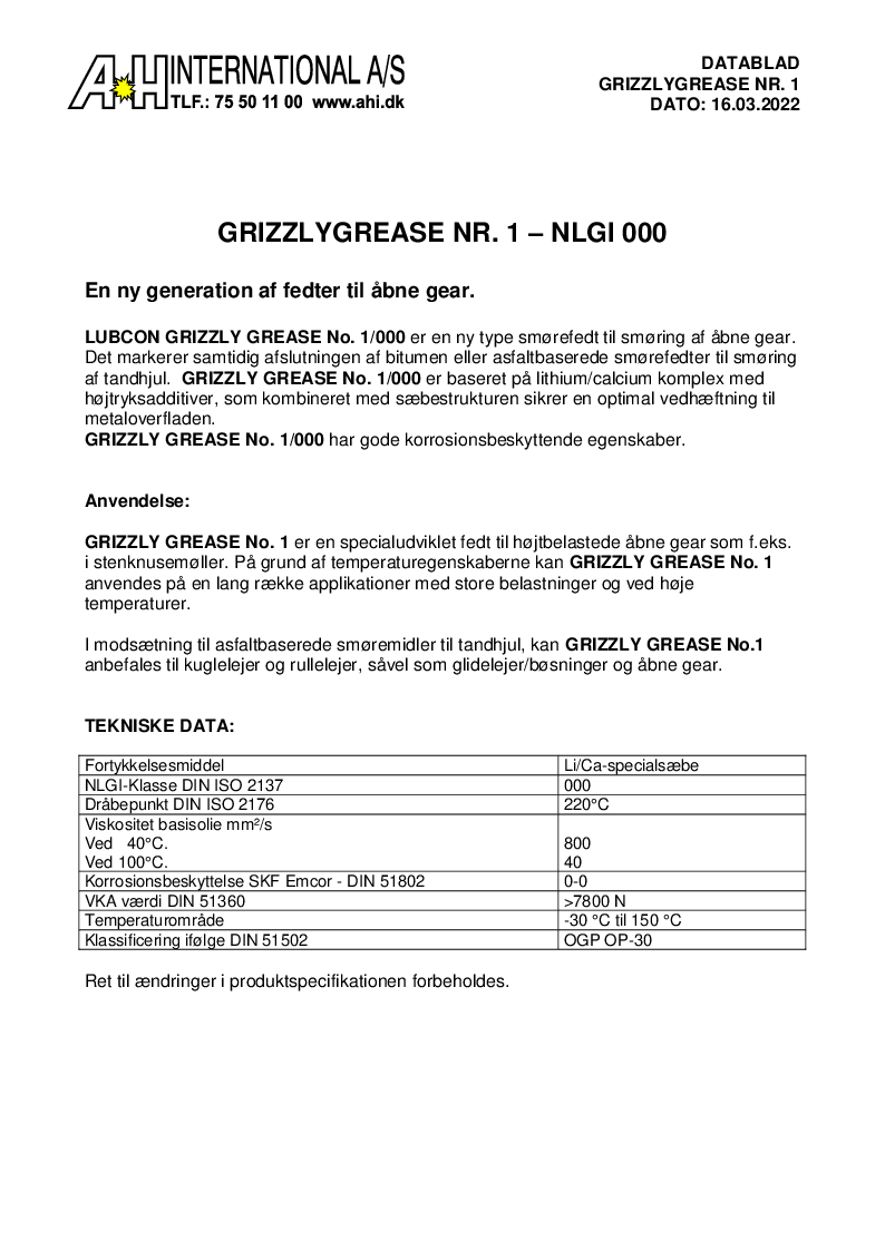

GRIZZLY GREASE No. 1 NLGI 000


